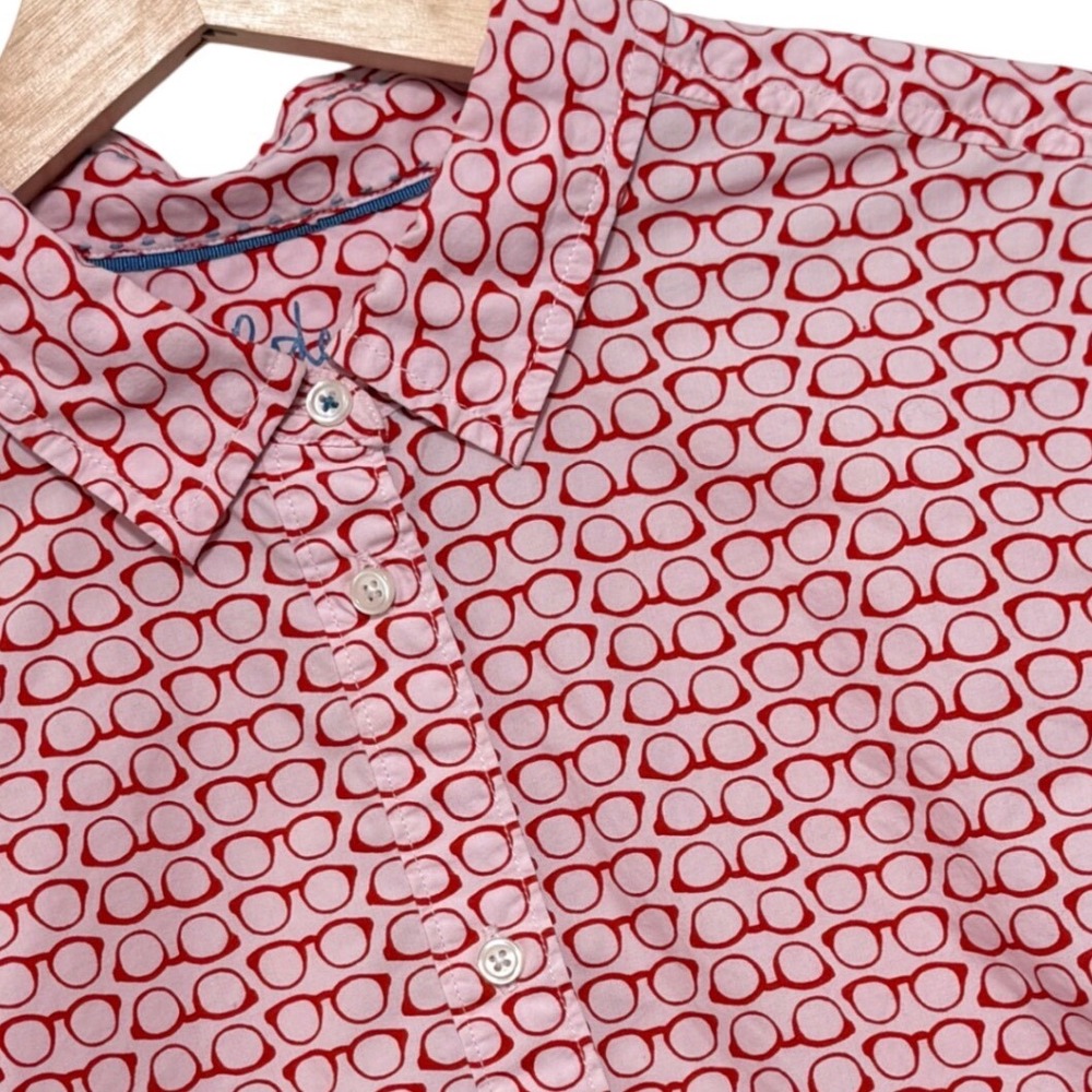 Boden Women The Classic Shirt Red Pink Eyeglasses Sz 12 Quirky Librarian Cotton